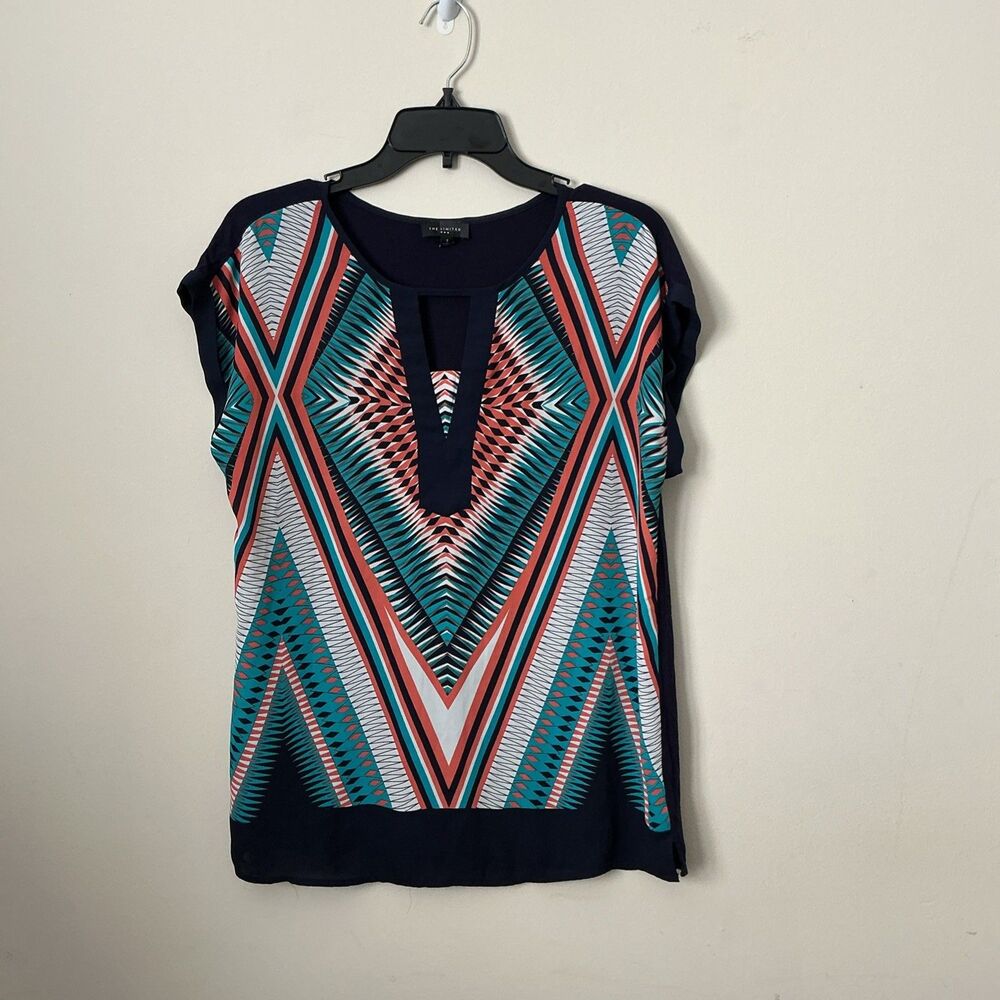 The Limited Aztec Navy Teal Orange White Shirt Sleeveless Small Split Neckline